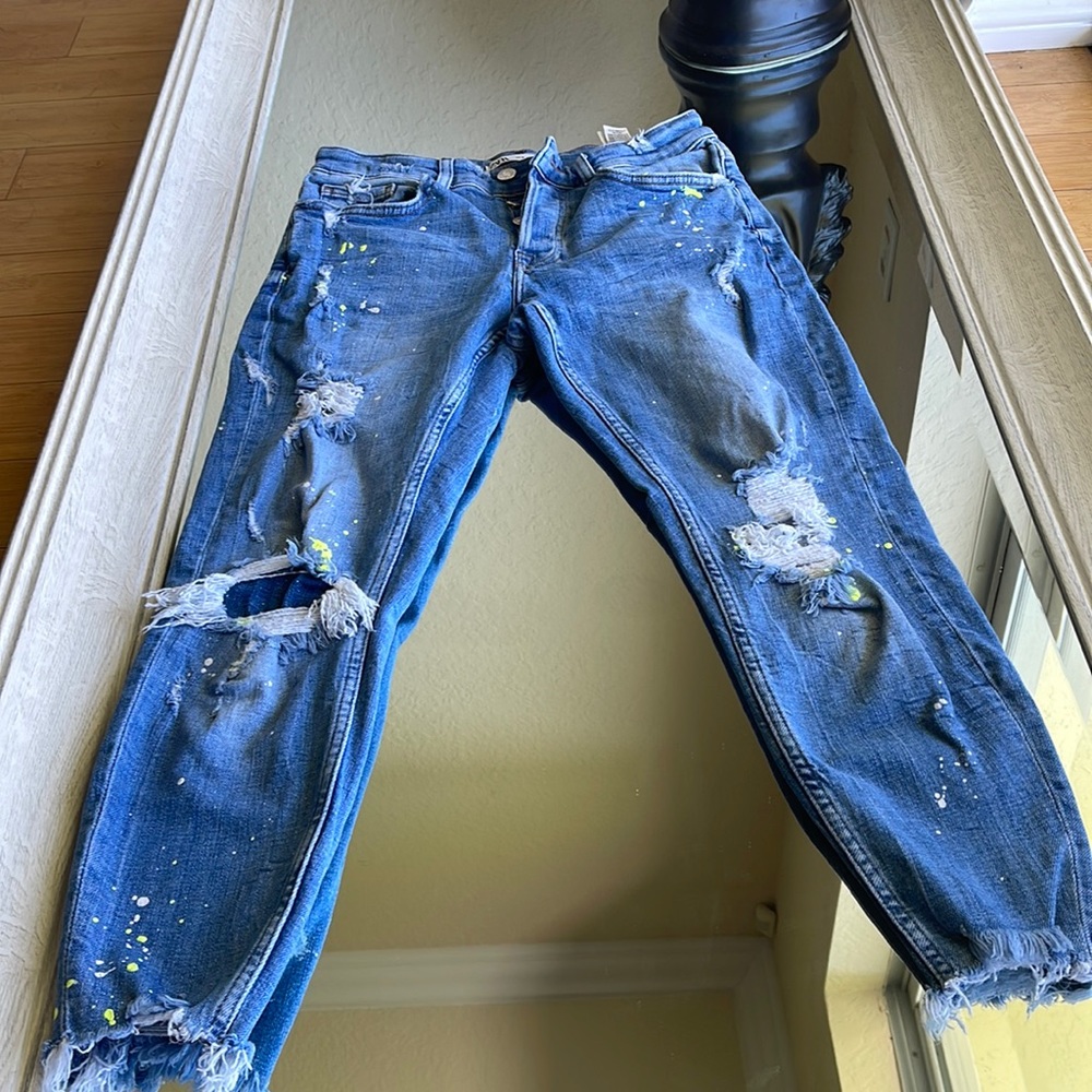Zara denim detail neon green dots ripped jeans